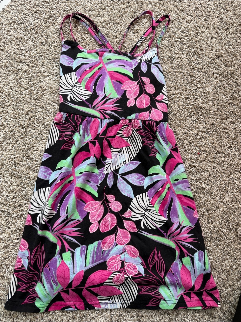 Children's Place Girls' Tropical Leaf Print Sundress in Black, Pink & Green